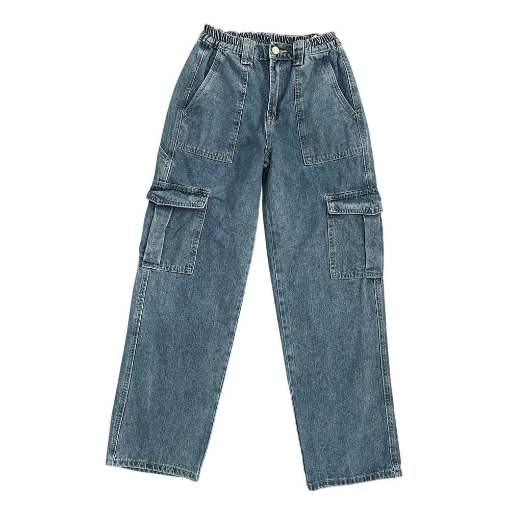 Simple Society Womens Blue Elastic Waist Straight Denim Cargo Jeans Size 3/26